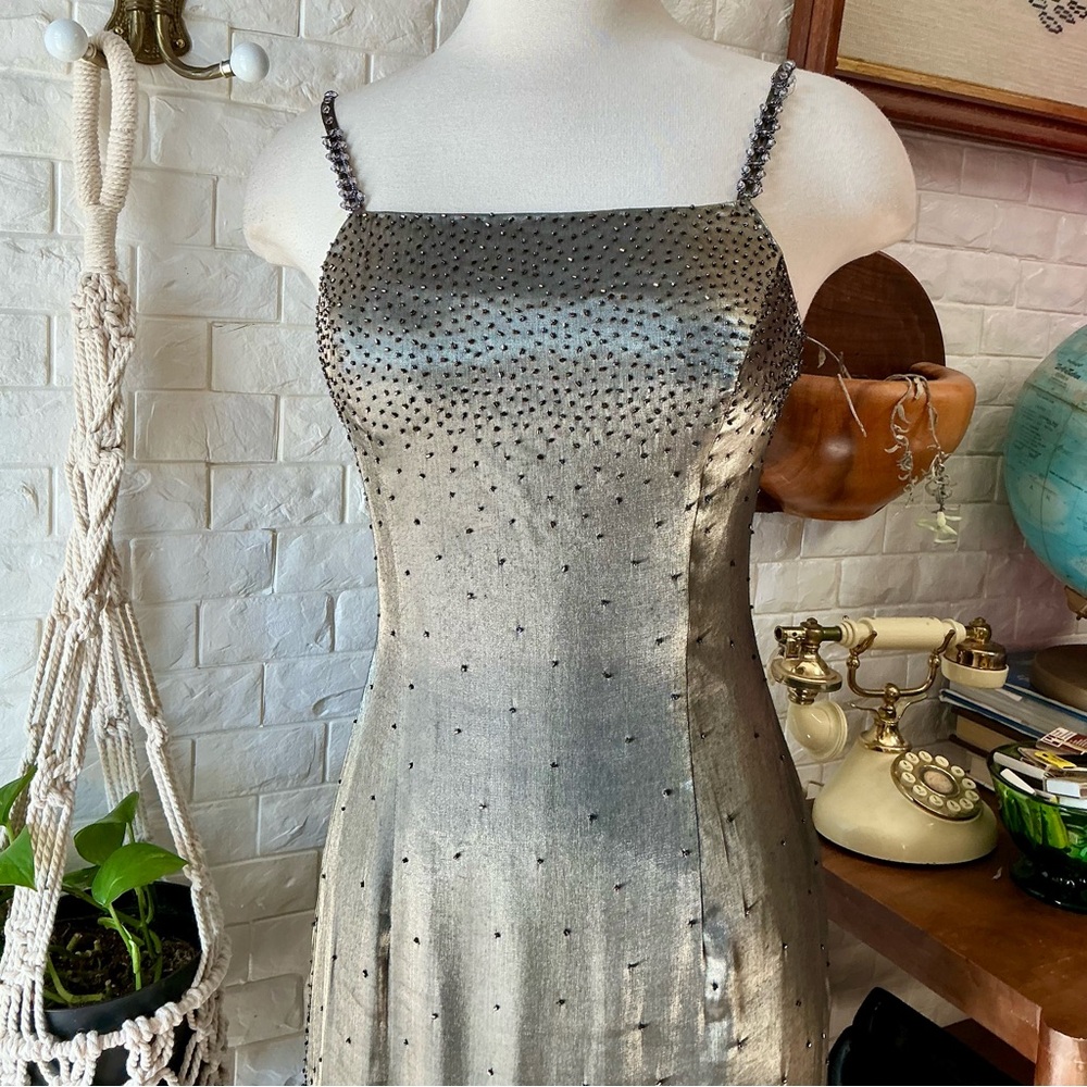 Vintage 1990s Y2K Cache Olive Satin and Chiffon Asymmetrical Hem Beaded Gown - Picture 4 of 16